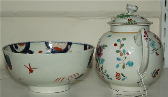 A Worcester polychrome teapot and cover, probably decorated in the atelier of James Giles, teapot damaged (3)